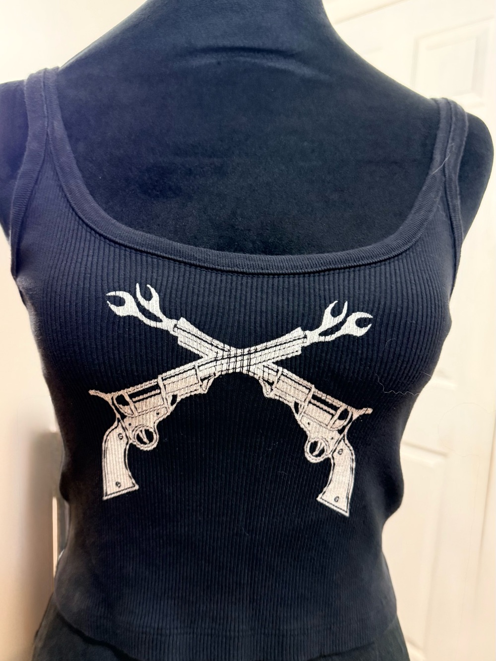 Black Ribbed Tank Top with Crossed Revolver Graphic John Galt